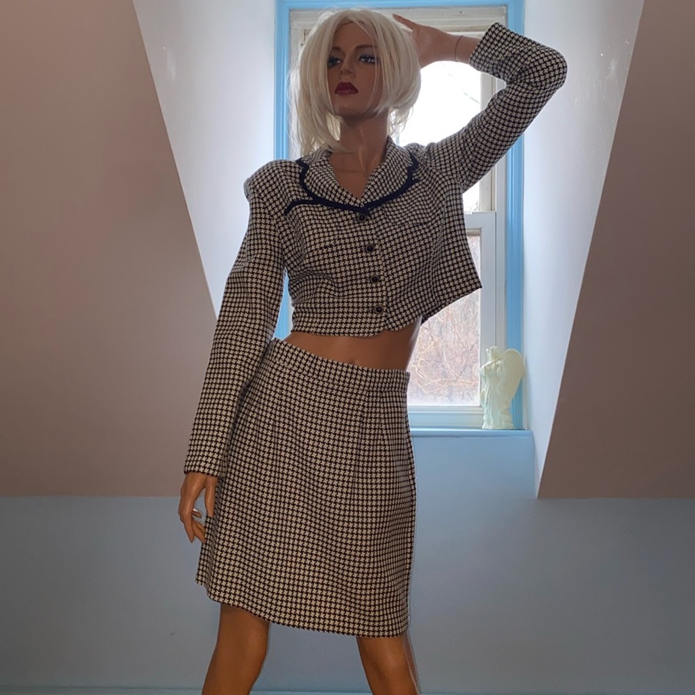 Business Suit Jacket & Skirt by Francine Brown  Navy / White Jacquard Print M
